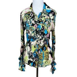 Kaelyn Max Blouse Top Women Medium Multicolor Crinkle Fringe Button Up Sheer Art